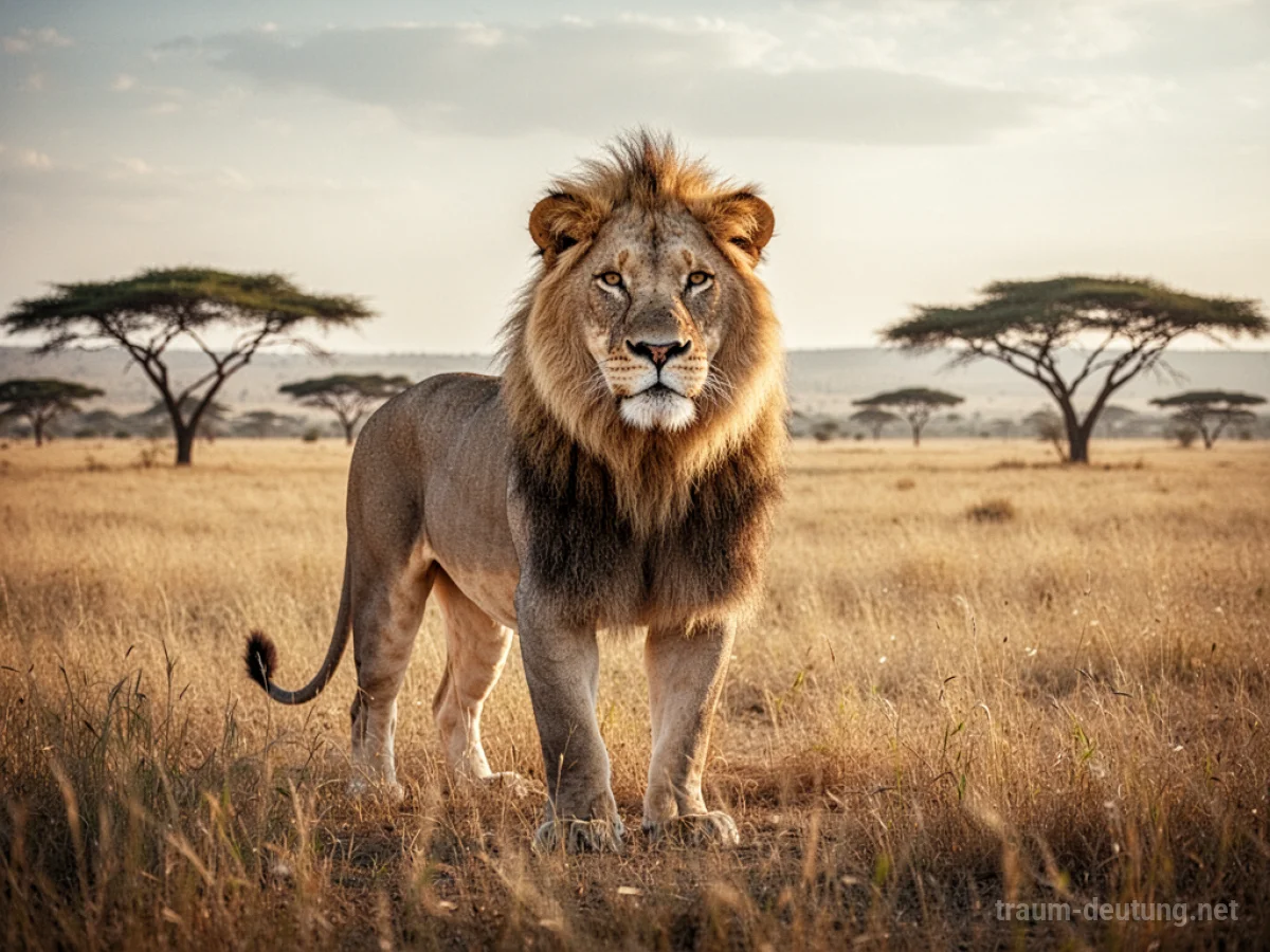 Ein majestätischer Löwe steht in einer weiten Savanne unter der Sonne.