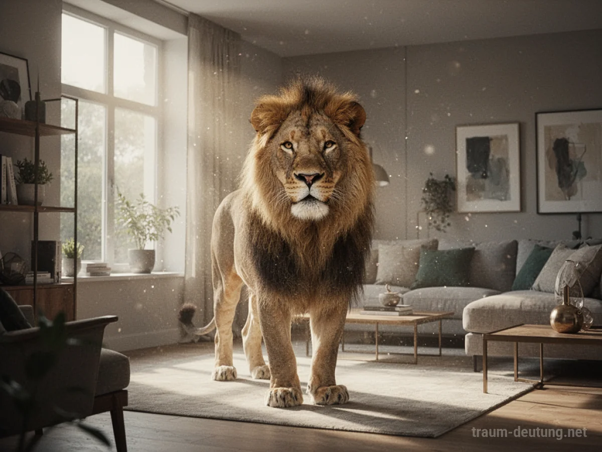 Ein Löwe steht ruhig in einem hellen Wohnzimmer.