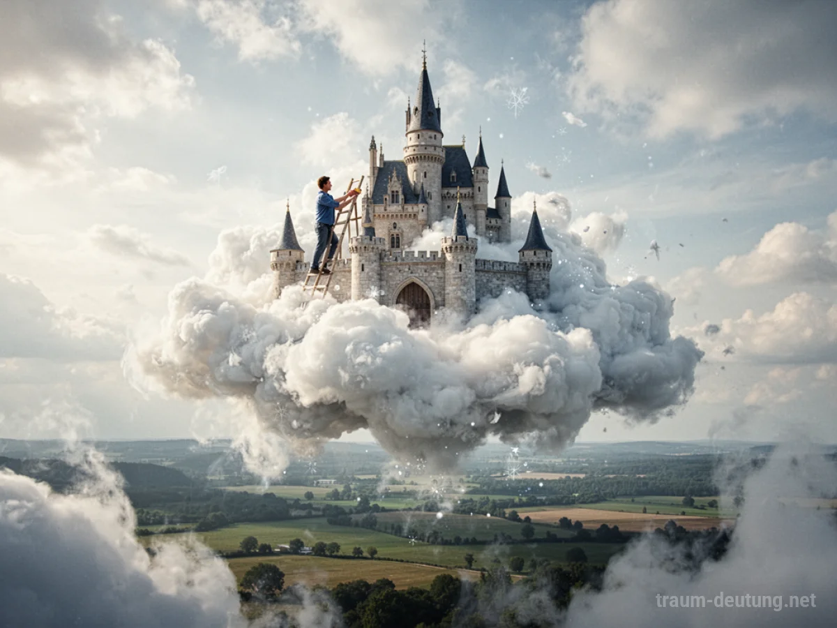Eine Person baut ein Schloss aus Wolken und Luft hoch am Himmel.