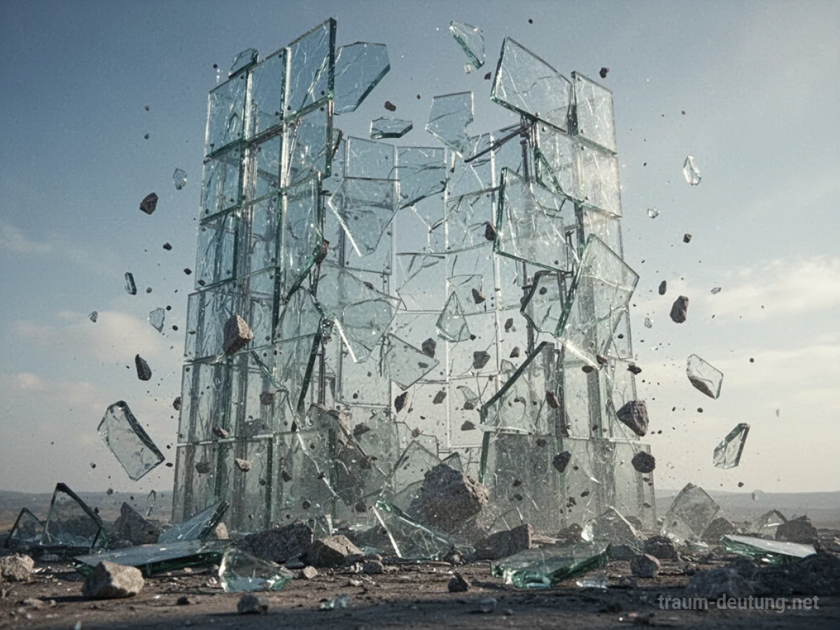 Ein detailliertes Gebäude aus Glas, das Einstürzen zeigt