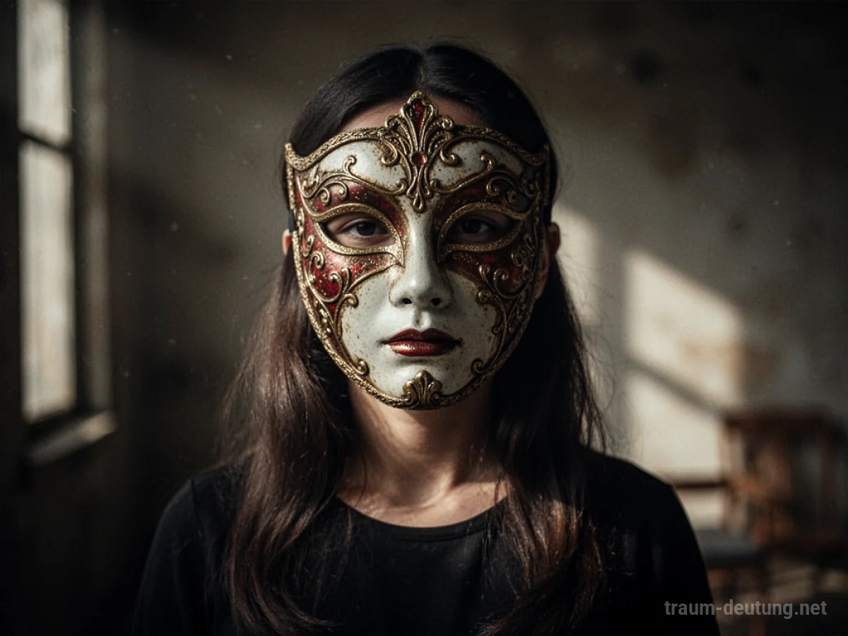Eine Person trägt eine aufwendige Maske im Halbdunkel
