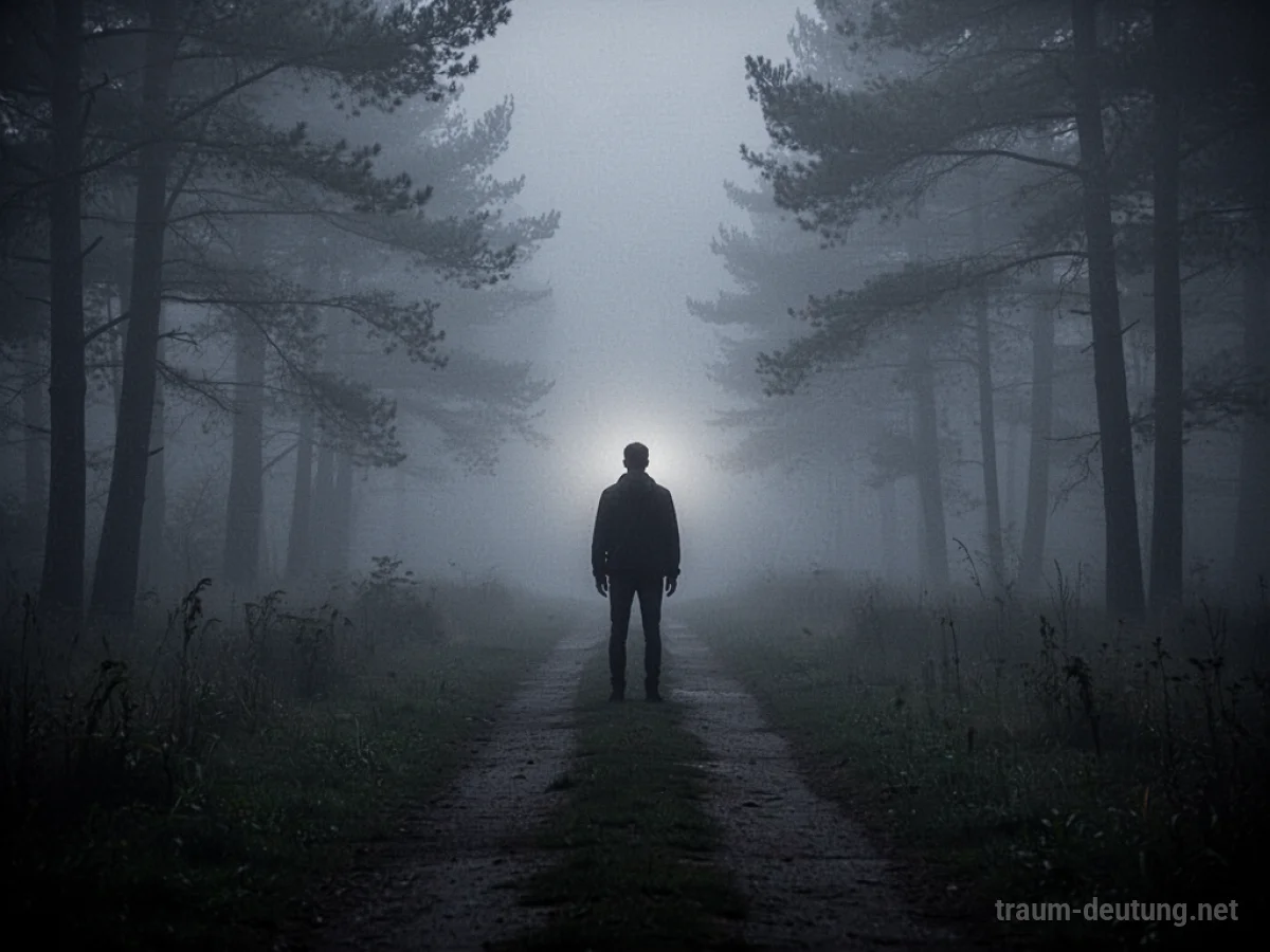 Silhouette einer Person, die auf einem dunklen Pfad steht und in Nebel verschwindet.