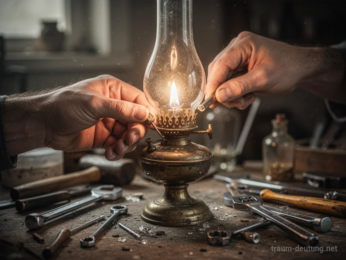 Hand repariert eine alte Lampe, die warmes Licht spendet.