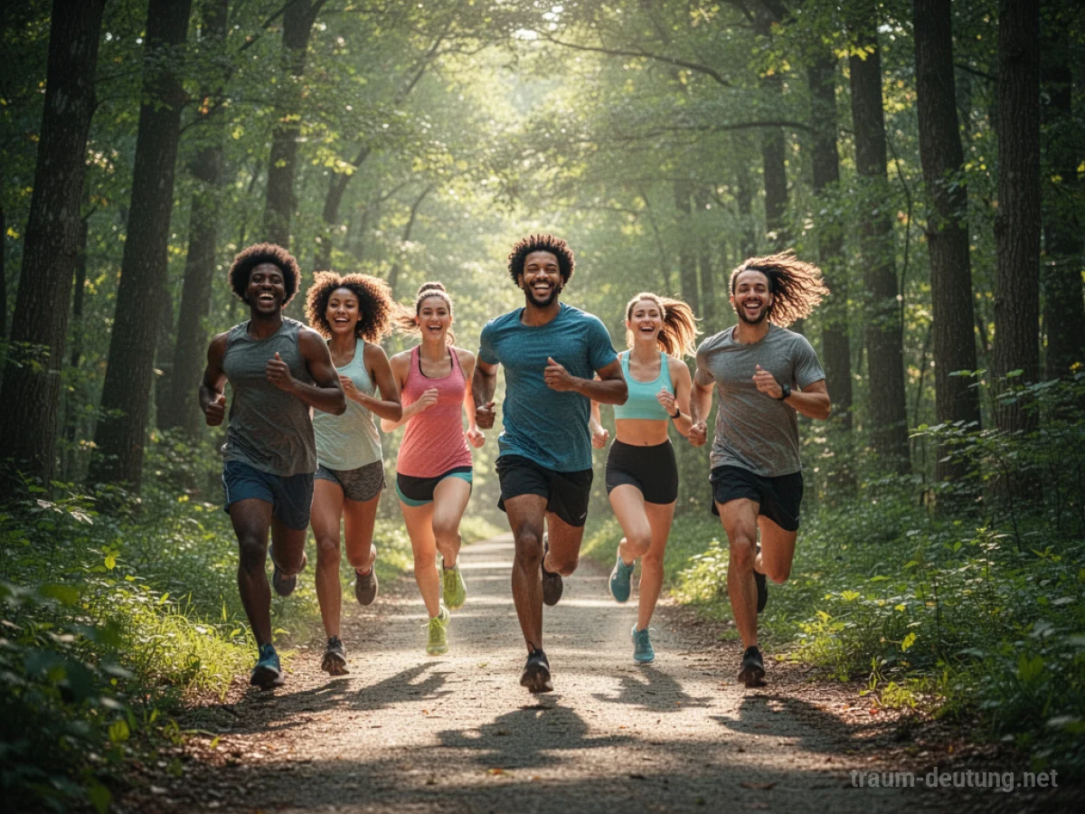 Gruppe von Freunden läuft gemeinsam auf einem sonnigen Waldweg.