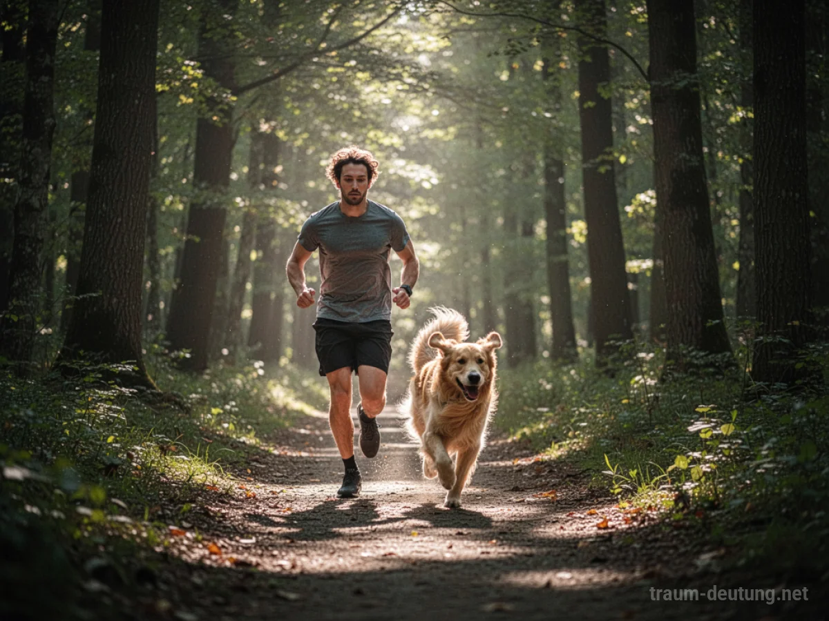Eine Person und ein Hund laufen gemeinsam auf einem Waldweg.