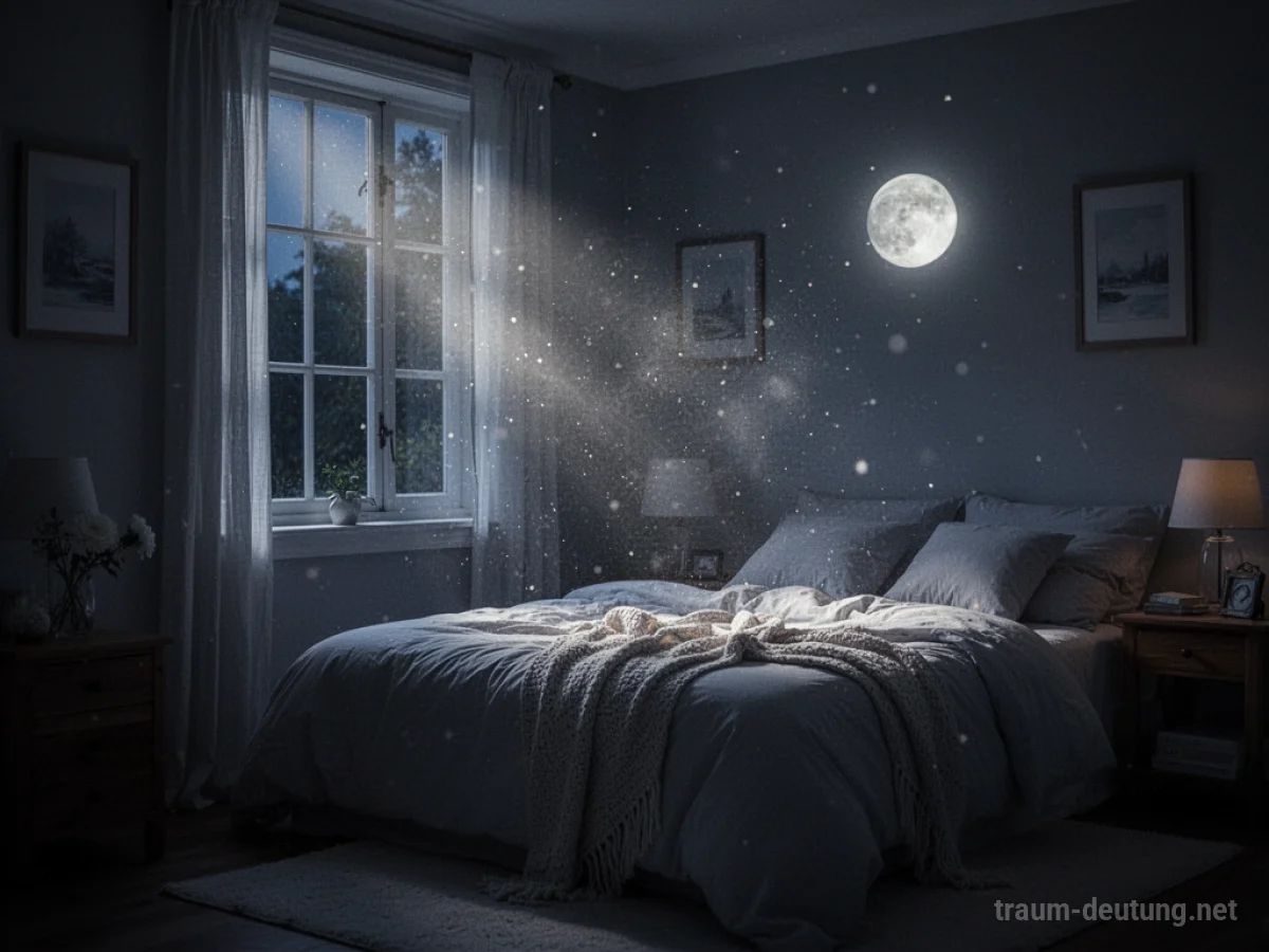 Mondlicht, das sanft durch ein Schlafzimmerfenster scheint und den Raum erhellt.