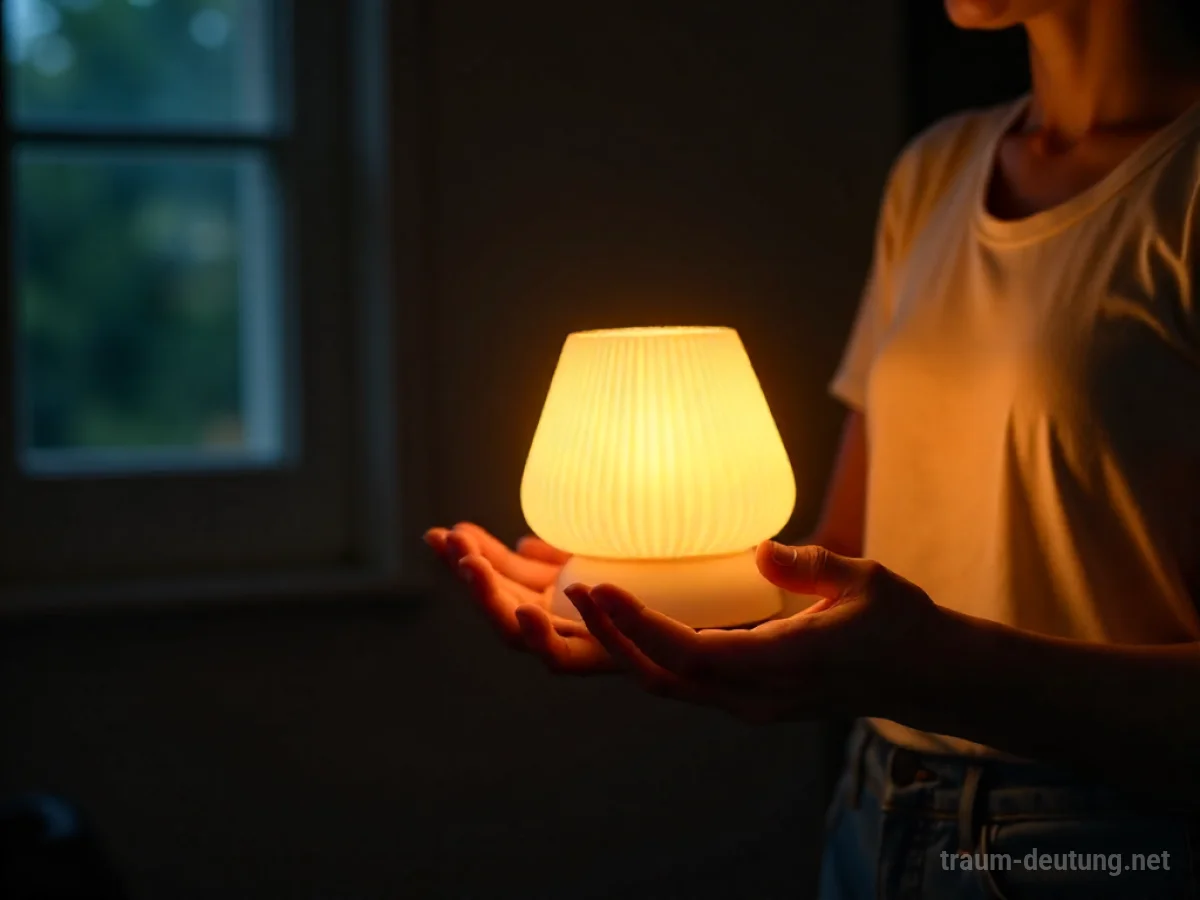 Eine Person hält eine neu gekaufte Lampe, die ein warmes Licht ausstrahlt.