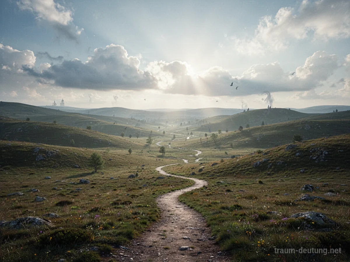 Weite, unbekannte Landschaft mit Weg unter hellem Himmel