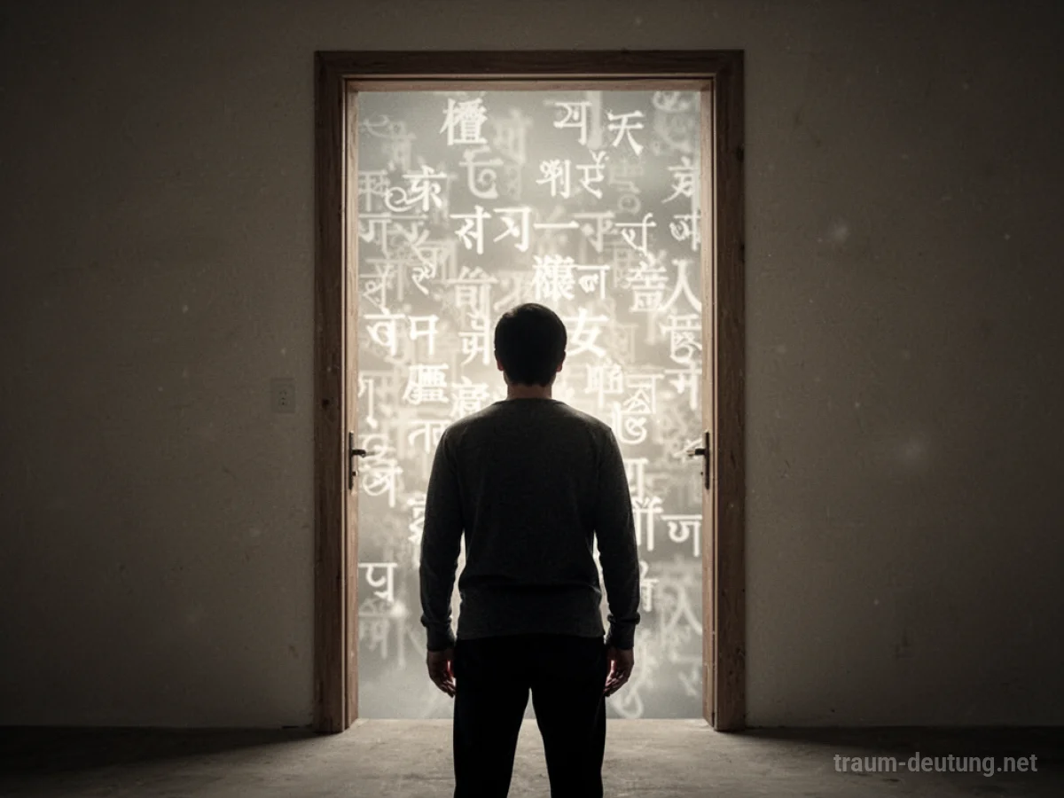 Silhouette einer Person vor einer Tür mit fremden Schriftzeichen