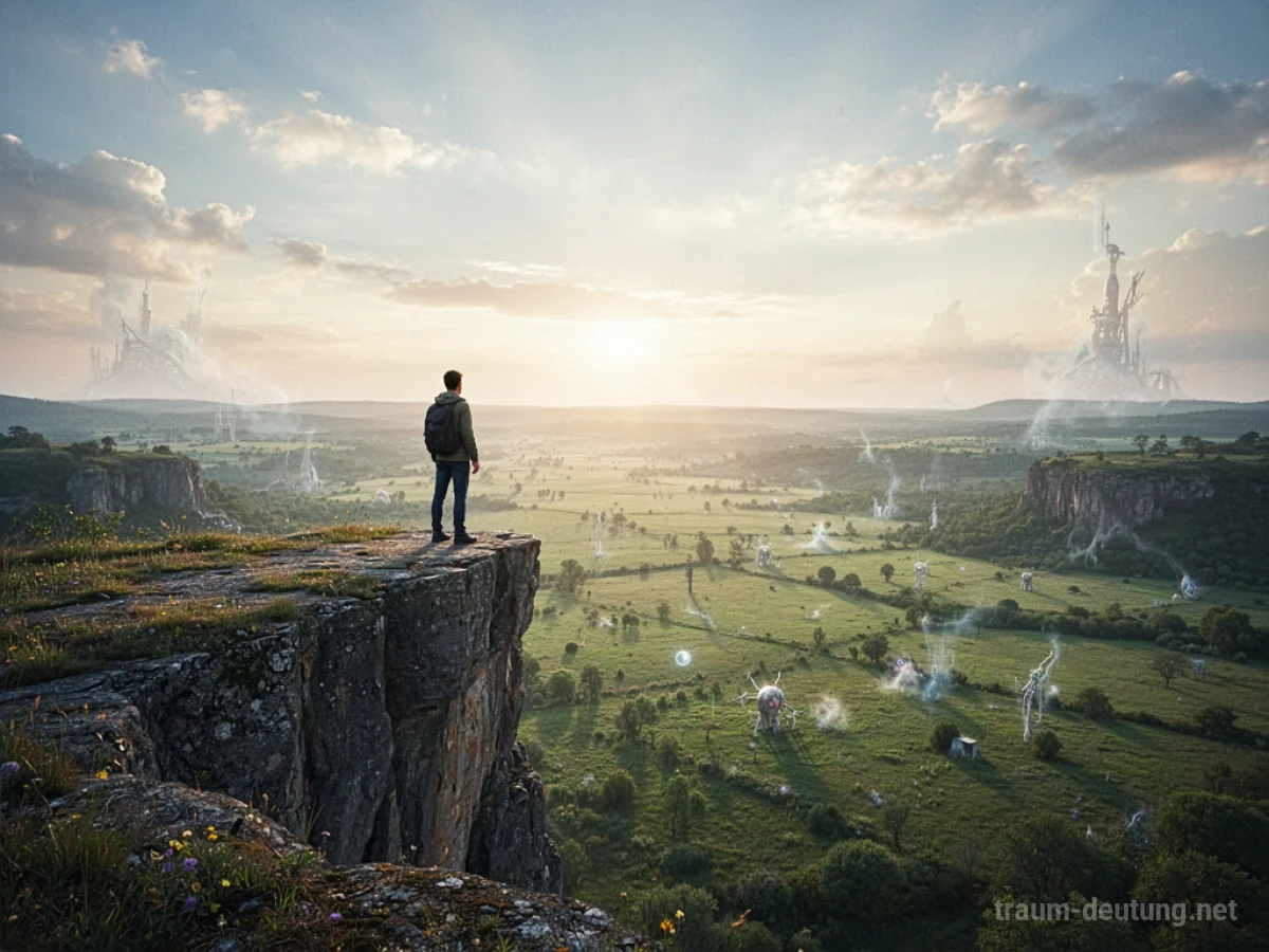 Eine Person steht auf einer Klippe und blickt auf ein weites, unerschlossenes Land unter einem hellen Himmel.