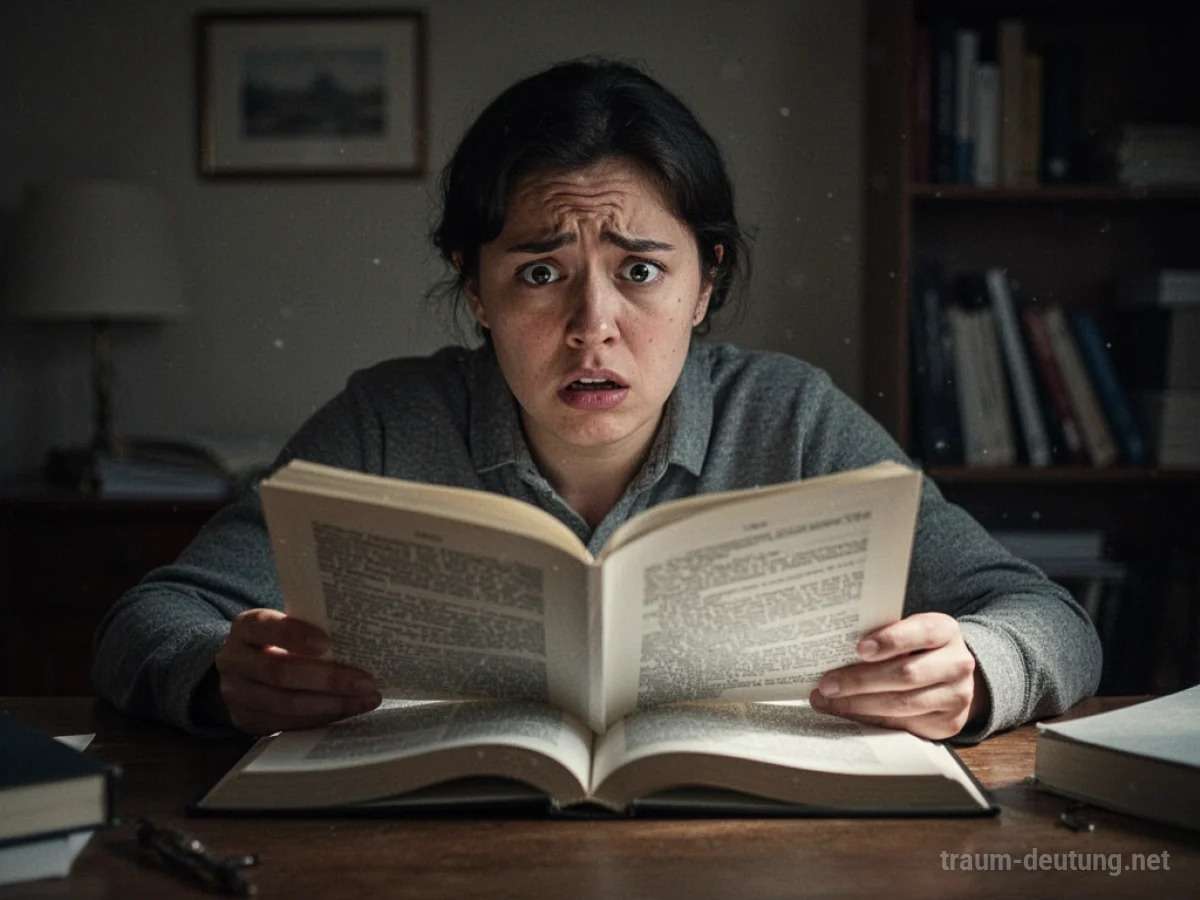 Eine Person blickt verwirrt auf ein aufgeschlagenes Buch mit unscharfem Text.