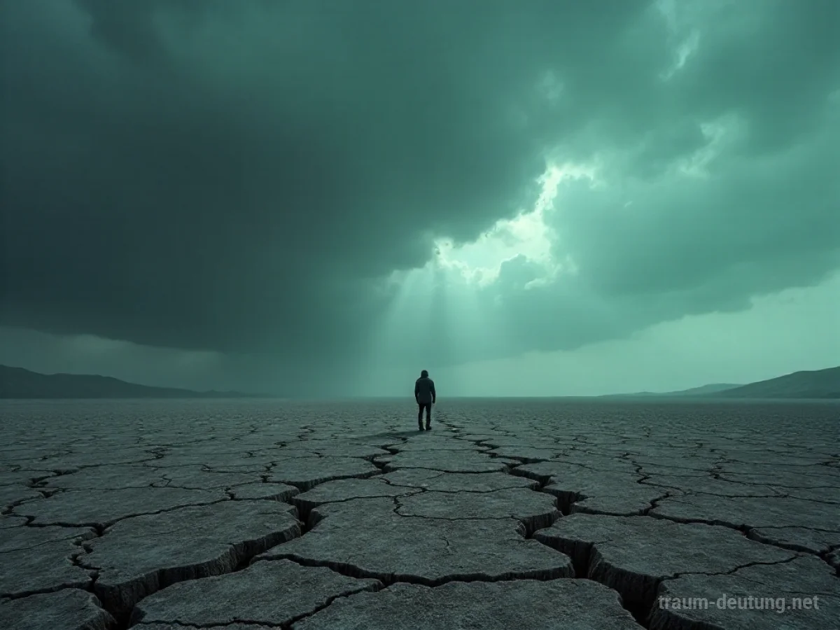 Einzelne Person steht in einer kargen Landschaft unter stürmischem Himmel