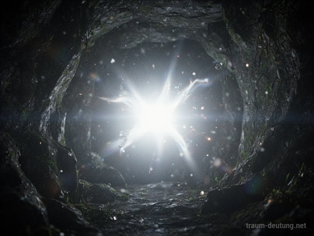 Ein gleißender Lichtblitz erhellt eine dunkle, abstrakte Szenerie im Traum.
