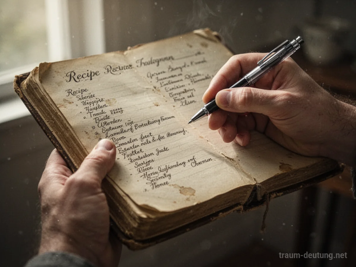 Hand hält ein altes Rezeptbuch mit Stift darüber