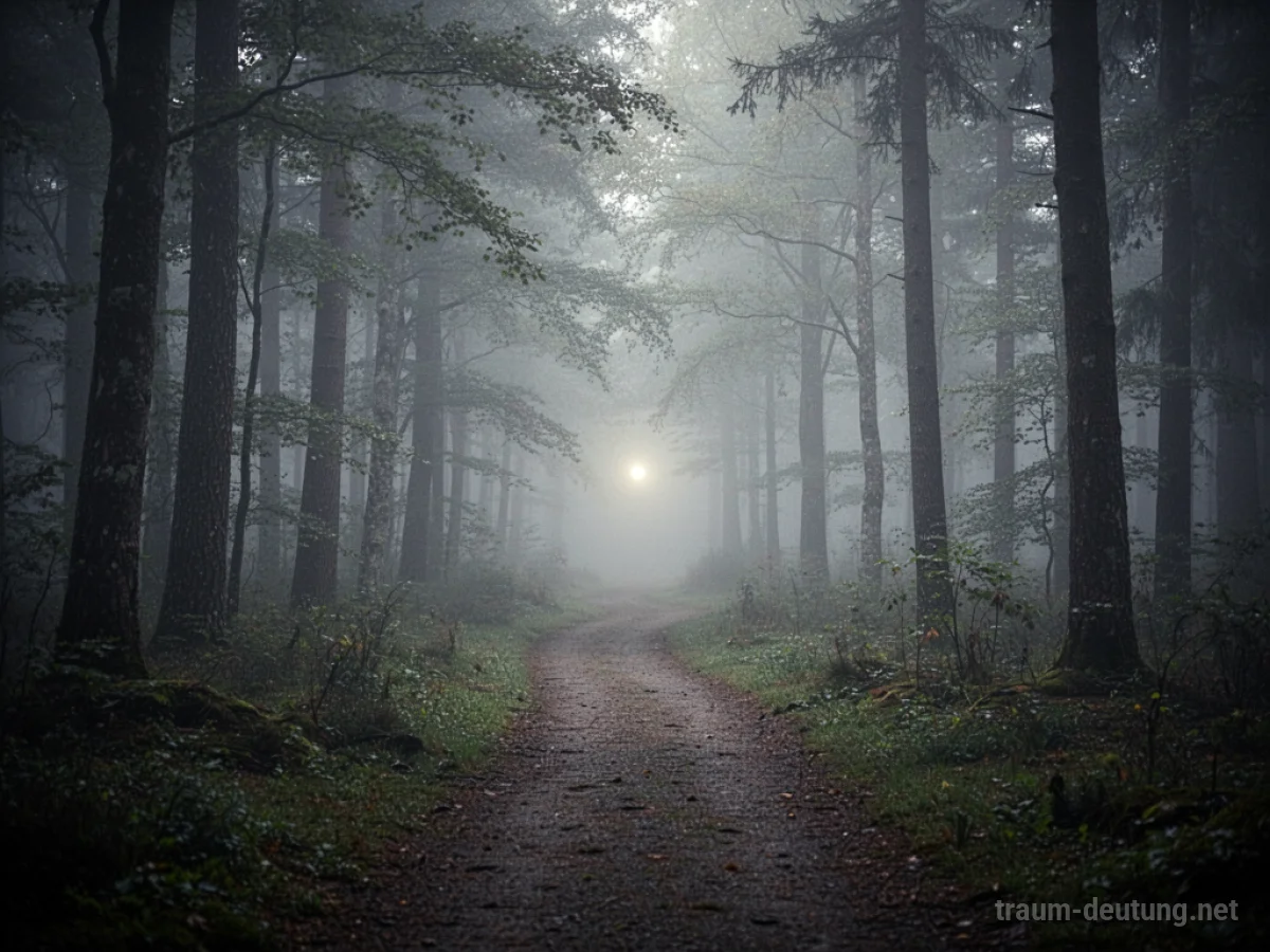 Ein verschlungener Pfad durch einen nebeligen Wald, der zu einem Licht führt.