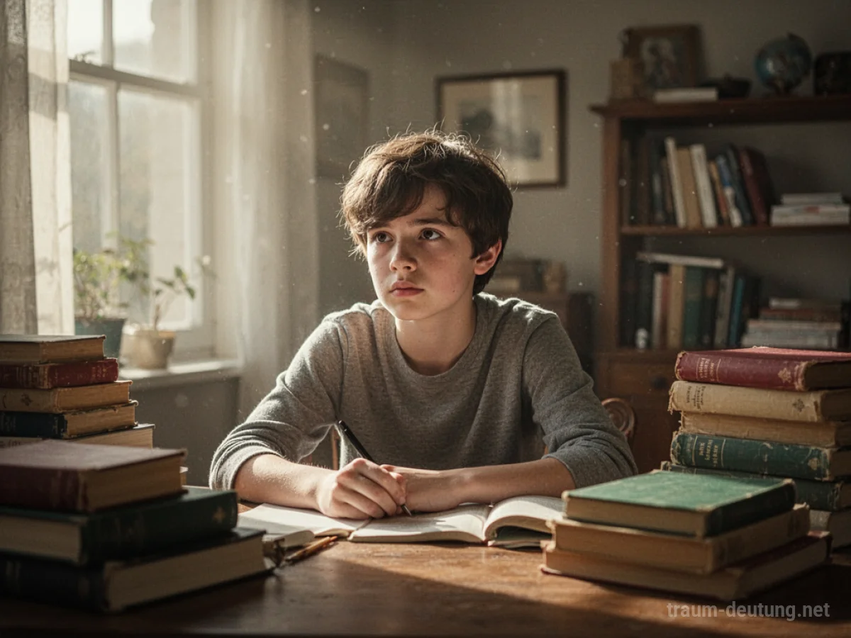 Junge Person lernt an einem Schreibtisch voller Bücher.