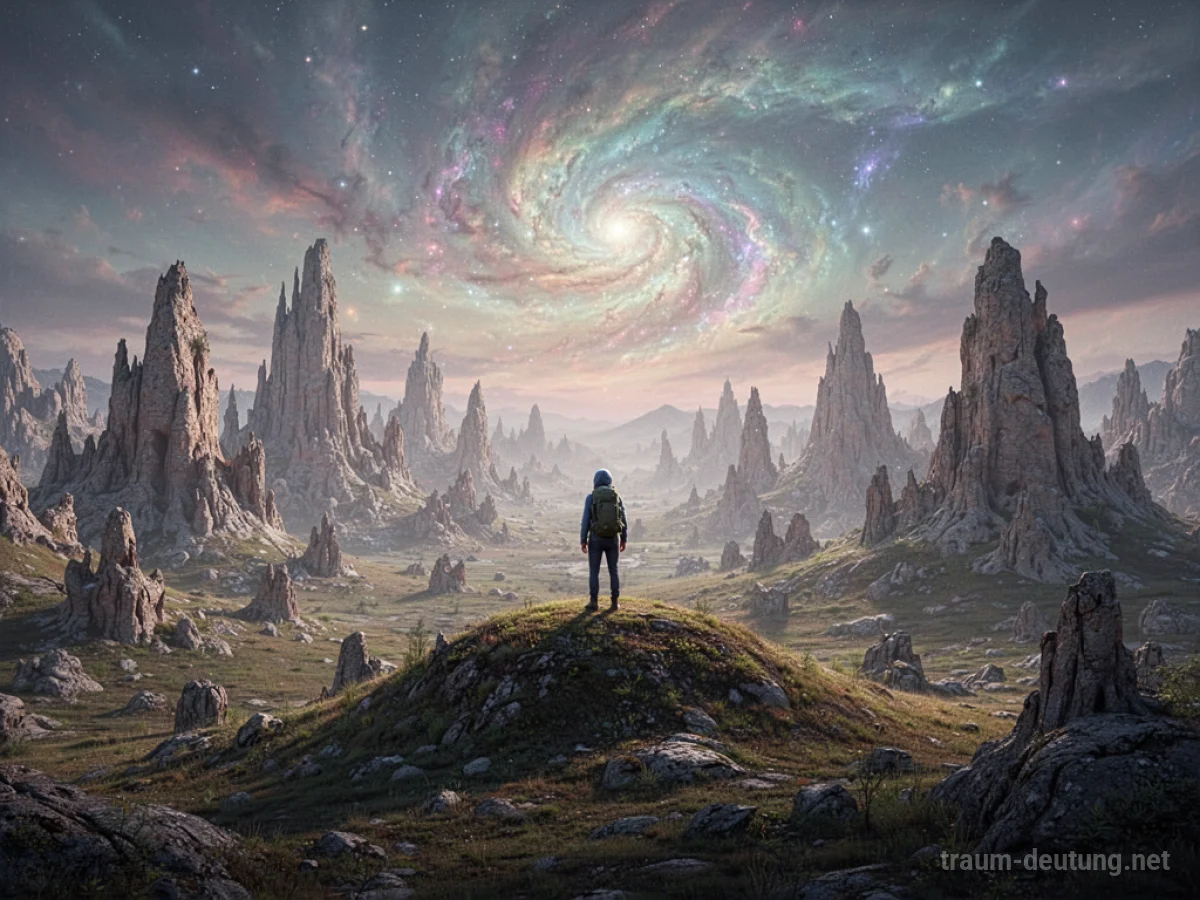 Eine Person steht auf einem Hügel und blickt auf eine surreale, unwirkliche Landschaft unter einem farbenprächtigen Himmel.