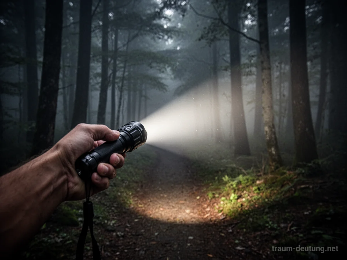 Hand hält Taschenlampe und leuchtet Weg im dunklen Wald aus