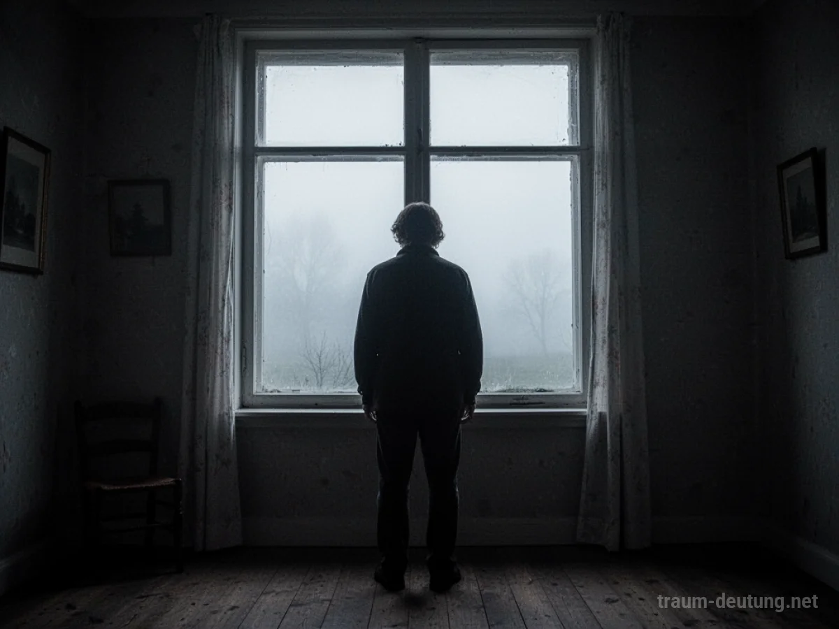 Silhouette einer Person, die aus einem Fenster auf eine neblige Landschaft blickt.