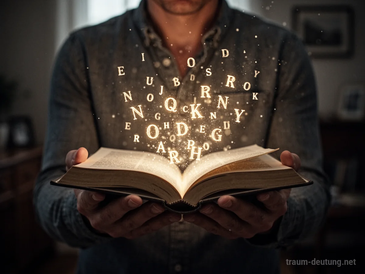 Hände halten ein aufgeschlagenes Buch mit schwebenden Buchstaben.