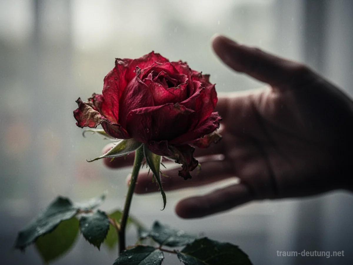 Eine verwelkende Rose, die von einer dunklen Hand bedroht wird.