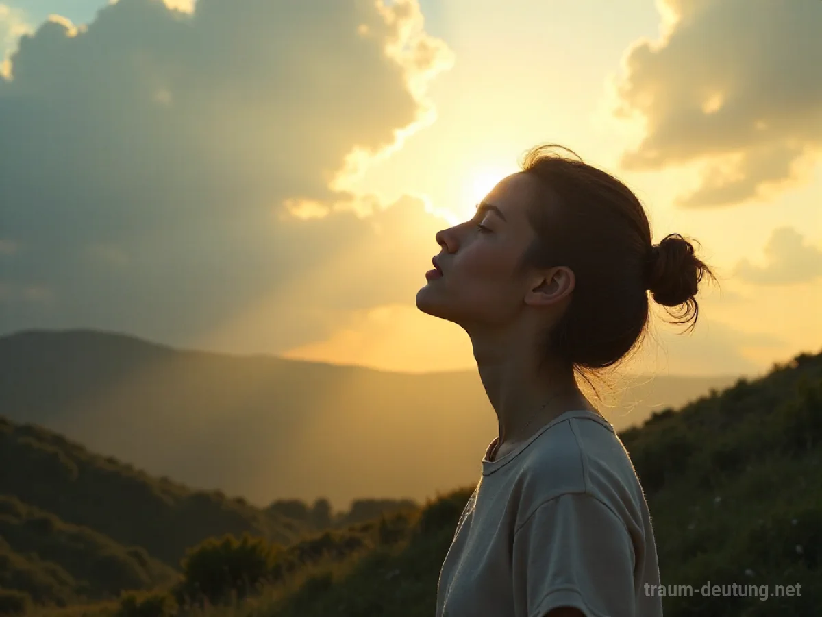 Eine Person atmet tief ein in einer ruhigen Naturlandschaft mit Sonnenstrahlen.