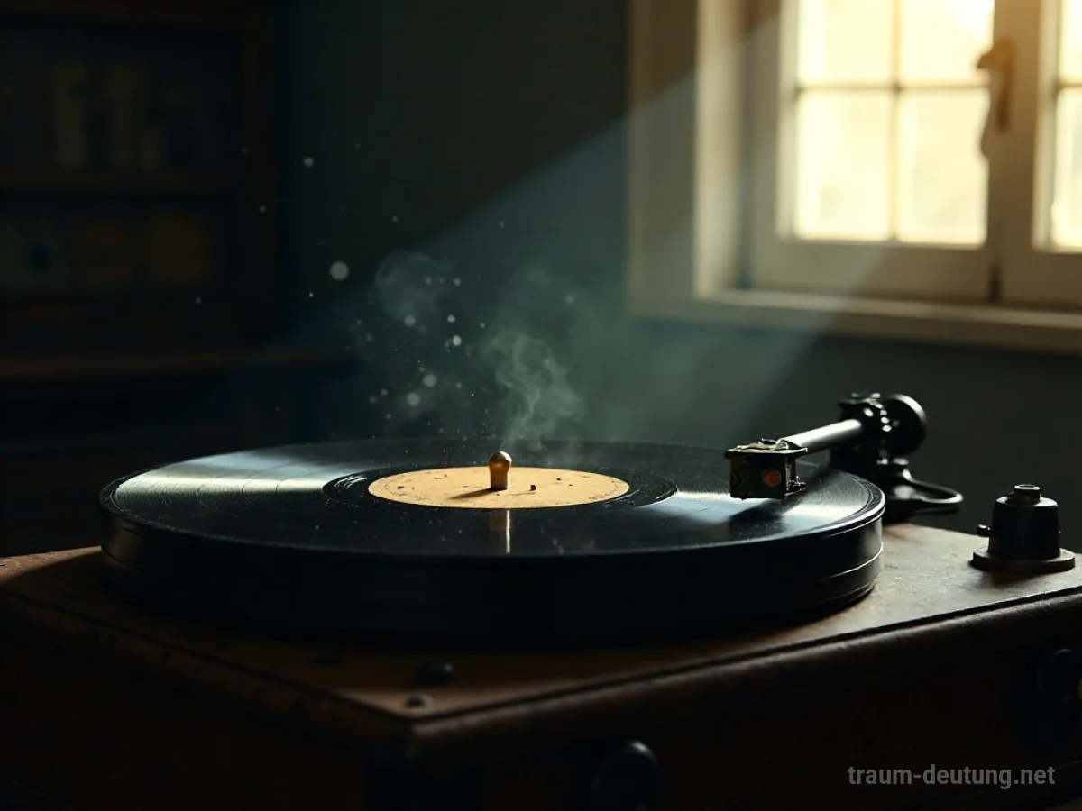 Ein altes Grammophon spielt eine Schallplatte in einem nostalgisch eingerichteten Zimmer.