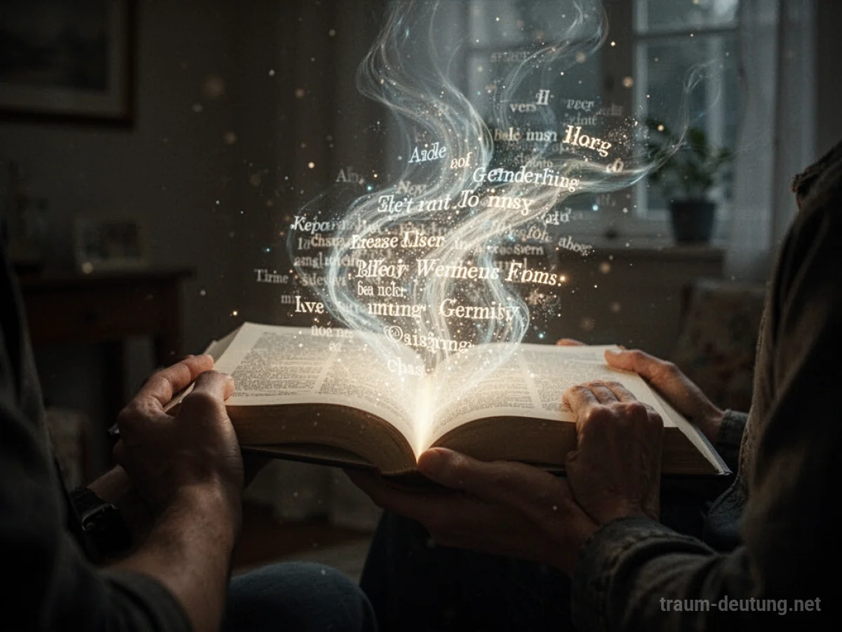 Hände halten ein offenes Buch mit leuchtendem Text