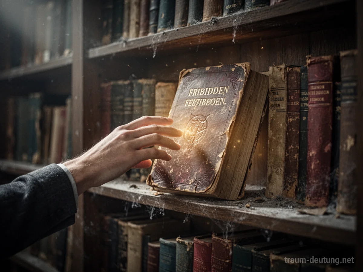 Eine Hand greift nach einem alten, verbotenen Buch im Schatten.