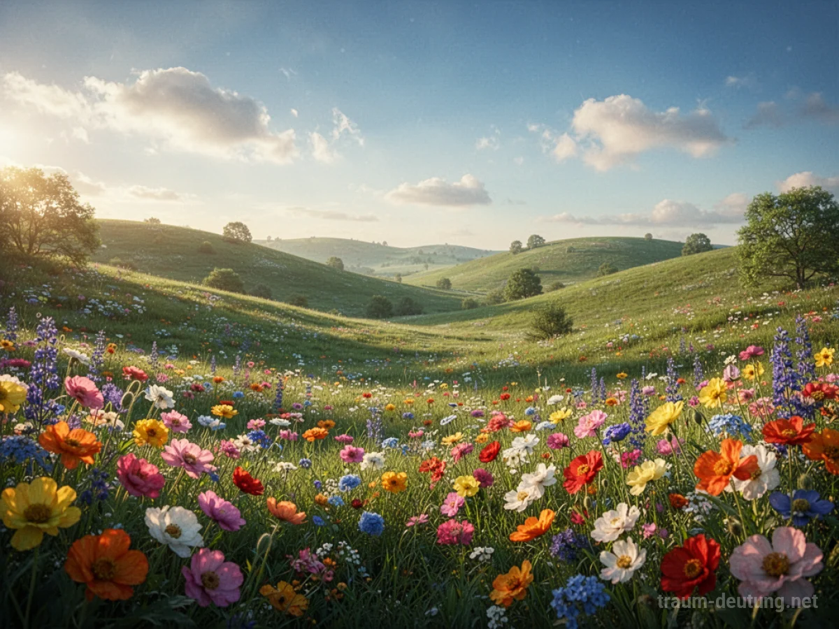 Eine sonnenbeschienene, blühende Landschaft mit bunten Blumen und sanften Hügeln.