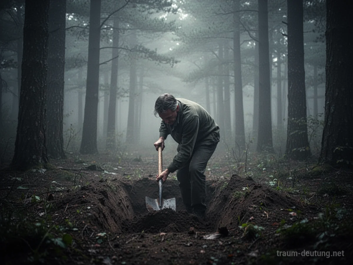 Eine Person, die im Morgengrauen eine Leiche begräbt, umgeben von nebligem Wald.