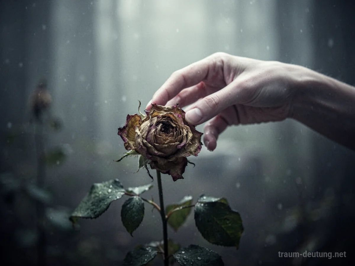Eine einzelne, blasse Hand berührt eine welkende Rose in einem schwach beleuchteten Raum.
