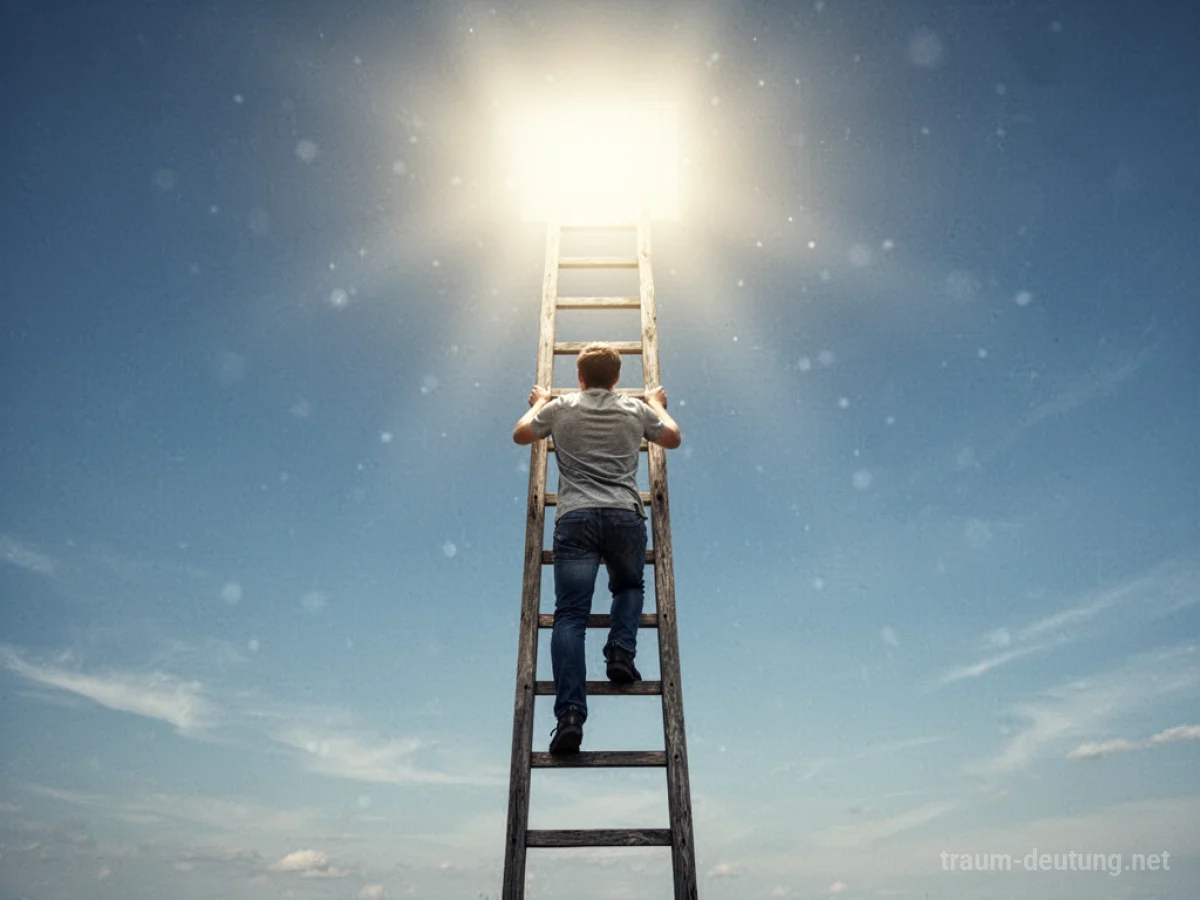 Person klettert eine Holzleiter zum Himmel empor.