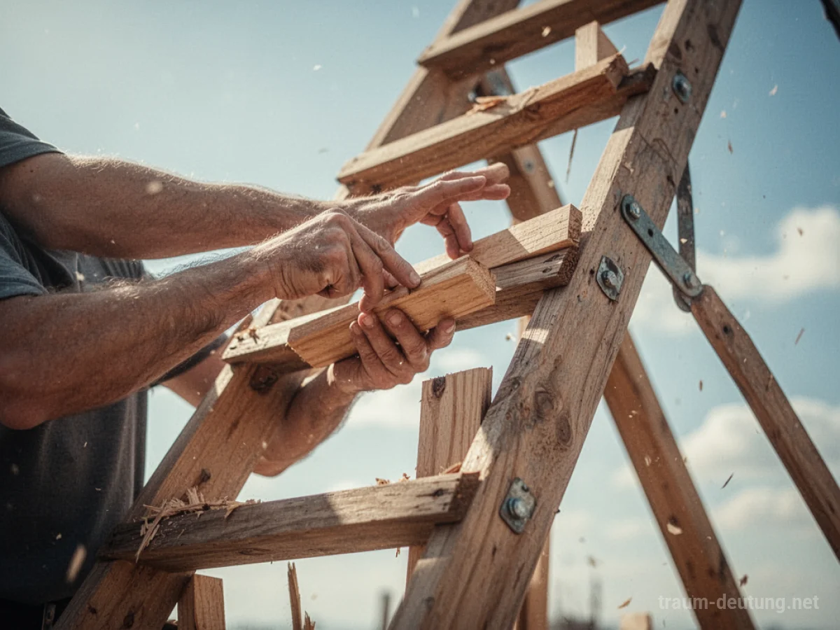 Hände bauen eine Holzleiter Stück für Stück im Freien
