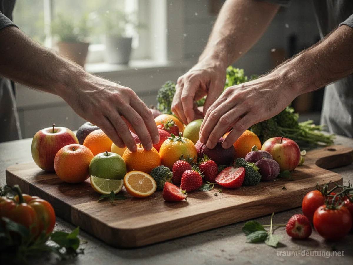 Hände bereiten frisches Obst und Gemüse auf einem Holztisch zu.