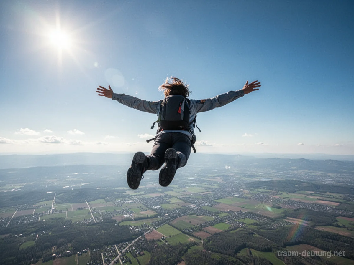 Mensch fliegt beschwingt durch blauen Himmel über Landschaft