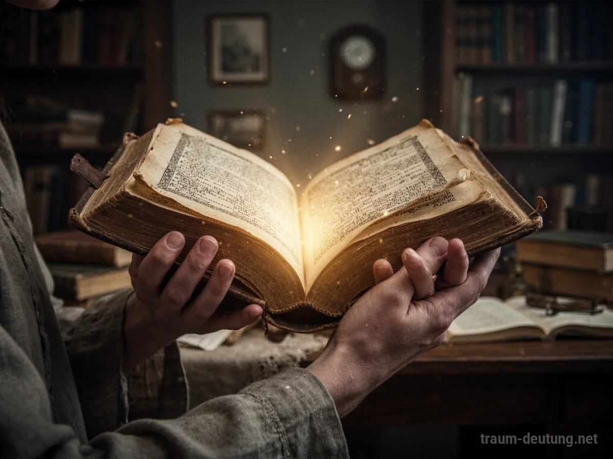 Hände halten ein altes, leuchtendes Buch mit heiliger Schrift.