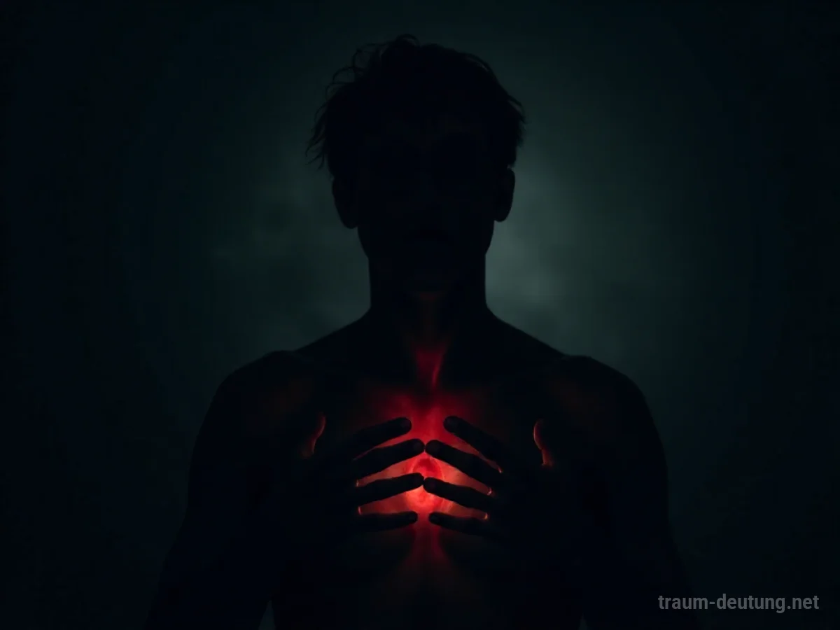 Silhouette einer Person, die ringt um Luft, während Schatten auf ihre Brust drücken.