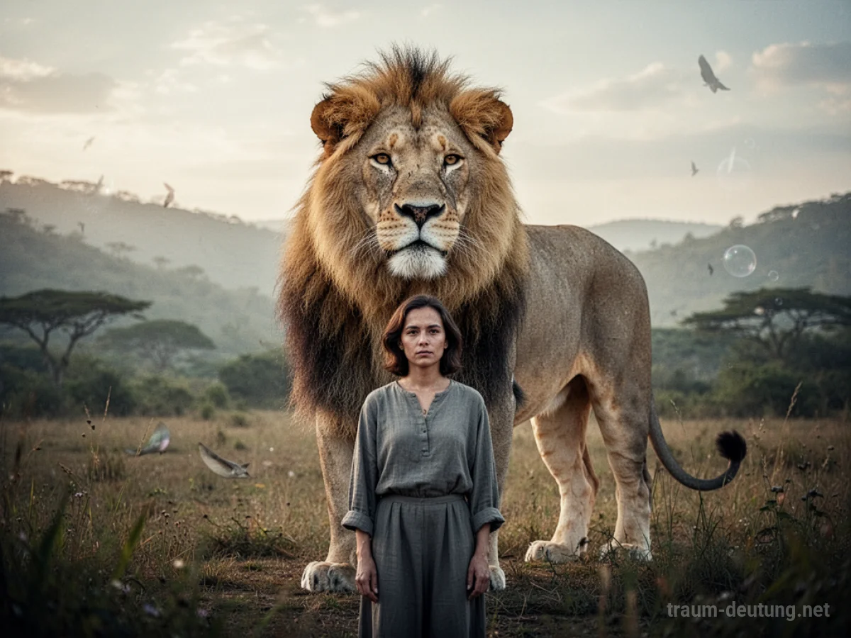 Ein majestätischer Löwe steht schützend vor einer Person in einer ruhigen Naturlandschaft.