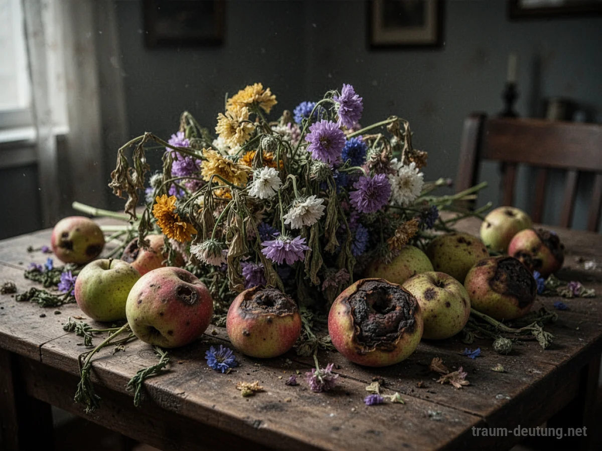 Verwelkte Blumen und fauliges Obst auf einem Tisch