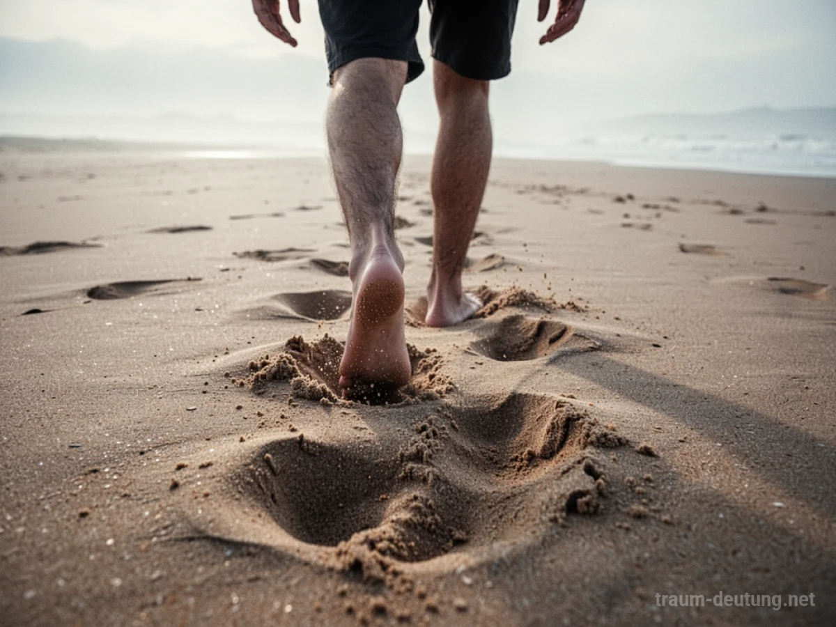 Füße laufen tief in weichem Sand am Strand