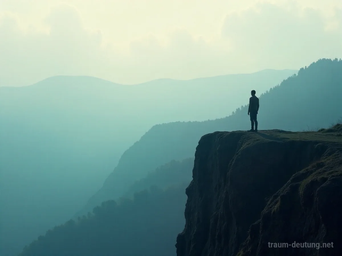 Schattenhafte Figur am Rand einer Klippe, blickt in neblige Landschaft.