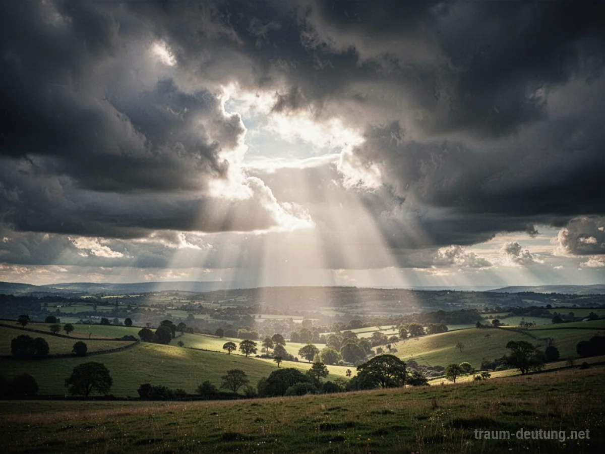Sonnenlicht bricht durch dunkle Wolken und erhellt die Landschaft.