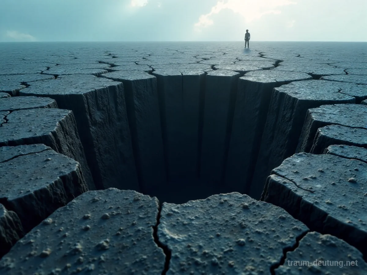 Ein plötzliches, dunkles Loch öffnet sich im Boden einer surrealen Landschaft.