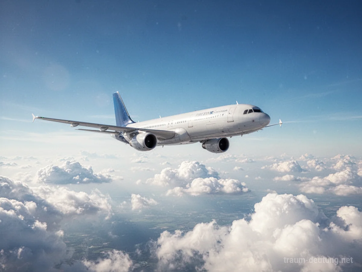 Flugzeug fliegt durch den blauen Himmel.