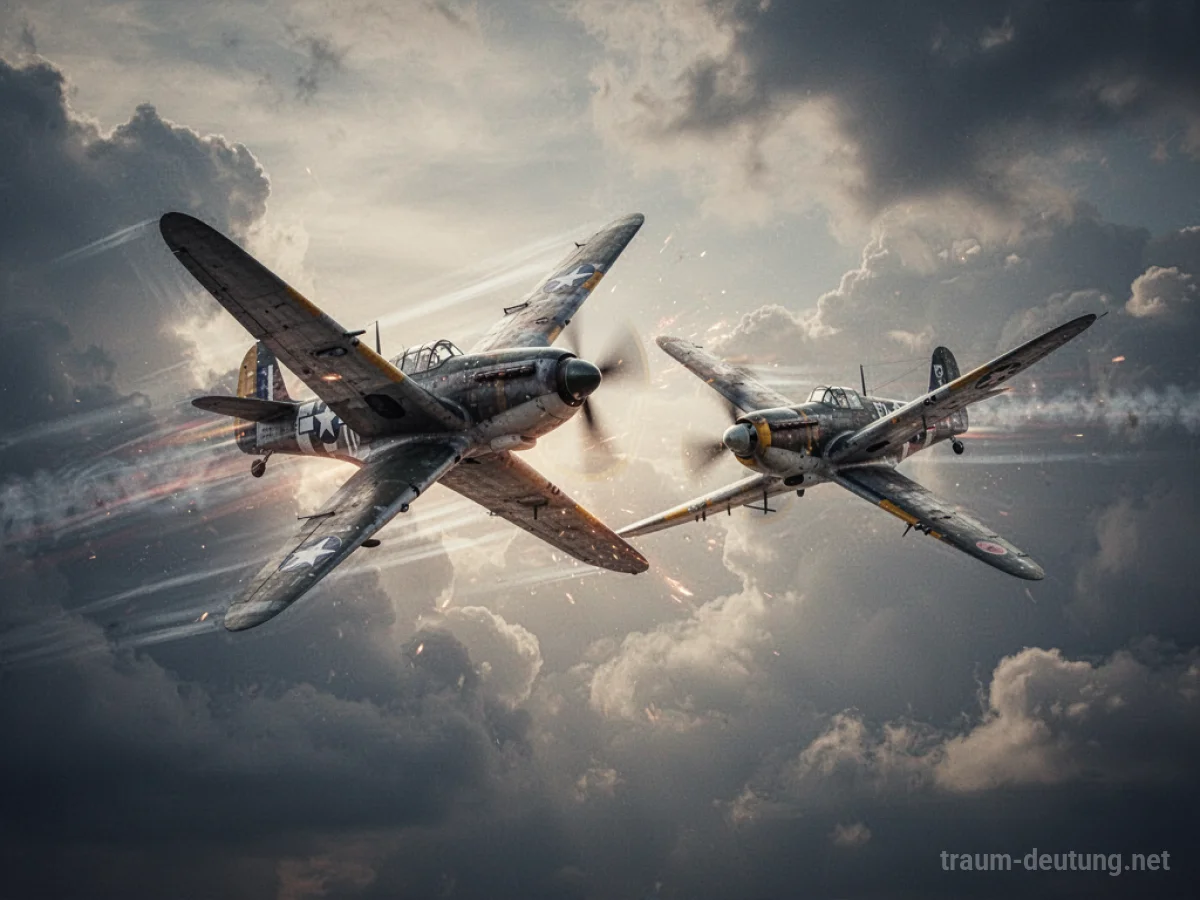 Zwei stilisierte Flugzeuge im Luftkampf vor einem dramatischen Himmel.