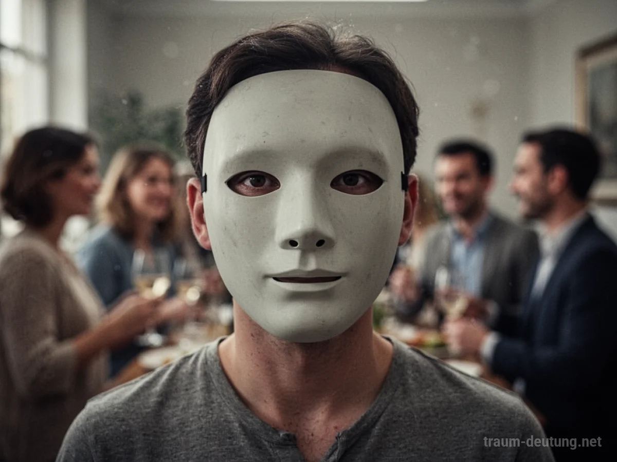Eine Person trägt eine gesichtslose Maske, der Blick ist direkt auf den Betrachter gerichtet.