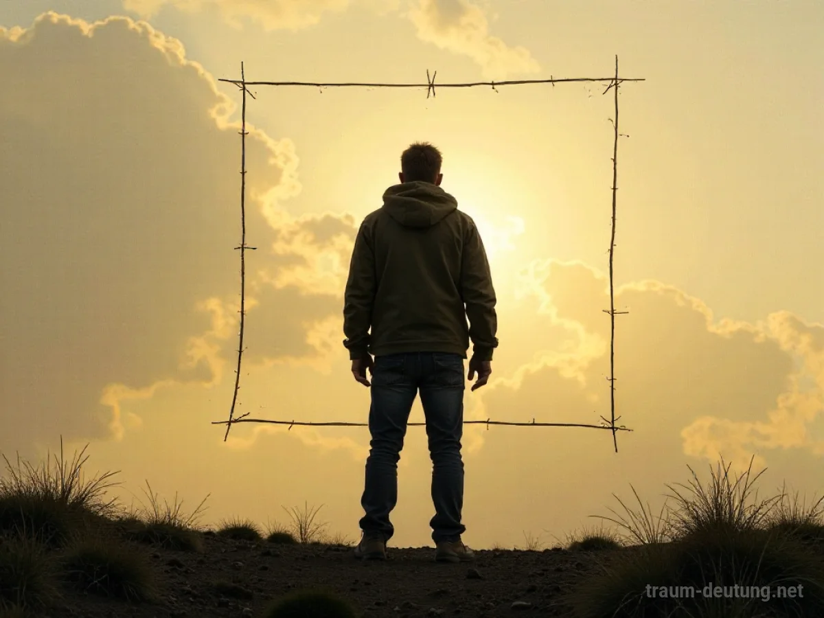 Symbolische Darstellung einer Person, die schützend vor einem Stück Land steht.