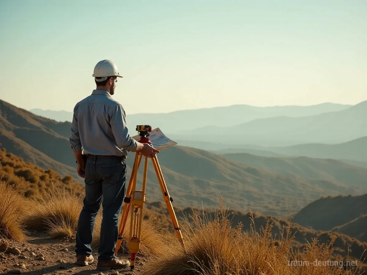 Eine Person vermisst Land mit Messwerkzeugen in einer weiten Landschaft.