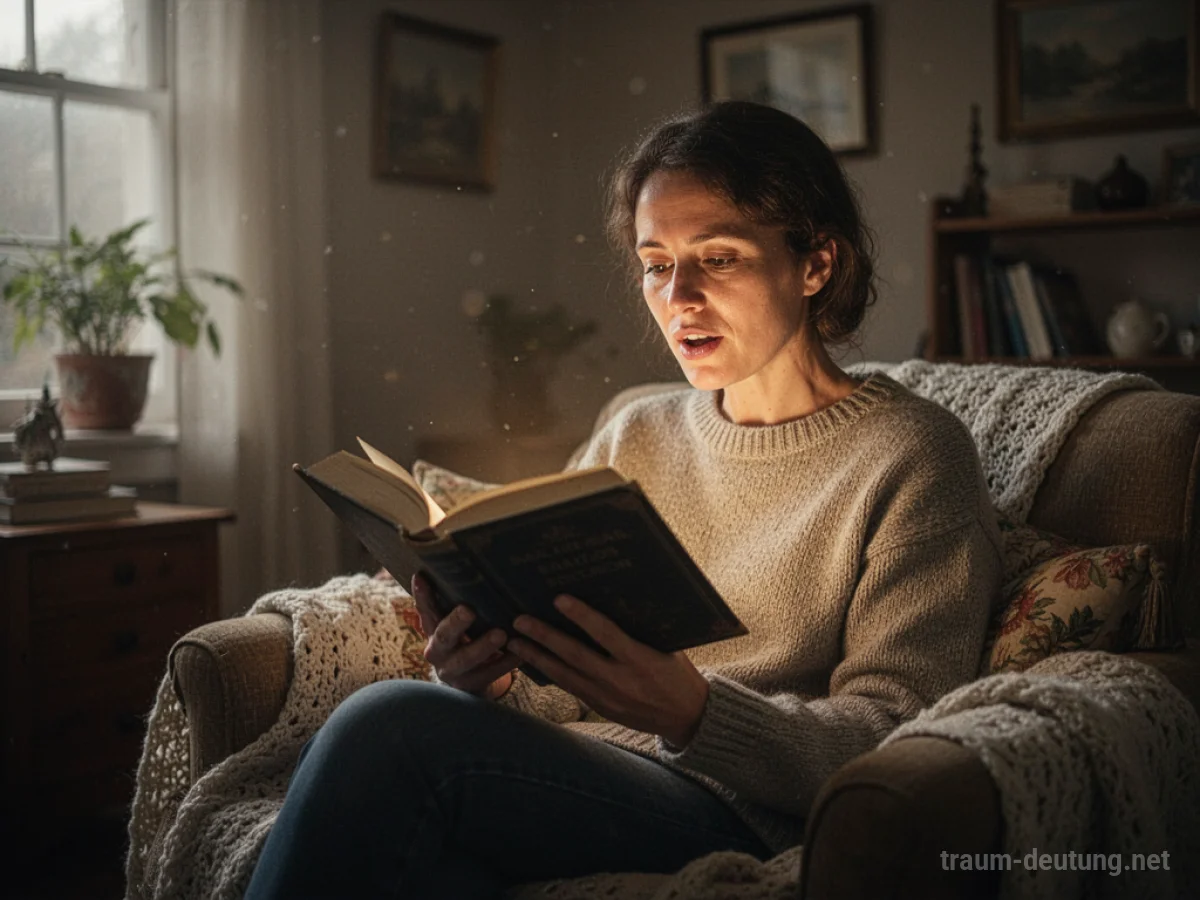 Eine Person liest laut aus einem Buch vor, in einem hell erleuchteten Raum.